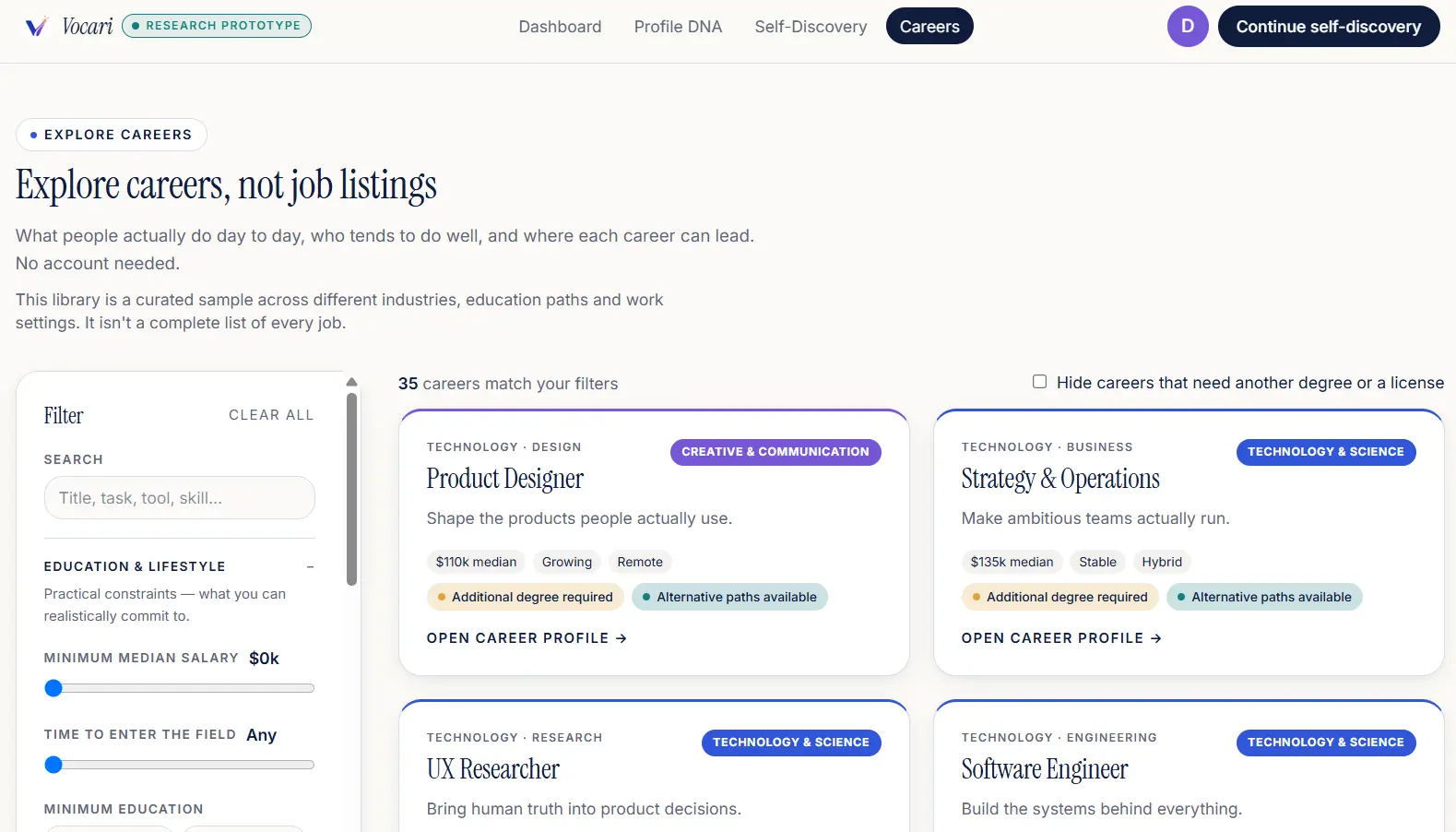 Vocari public career library with filters and career cards