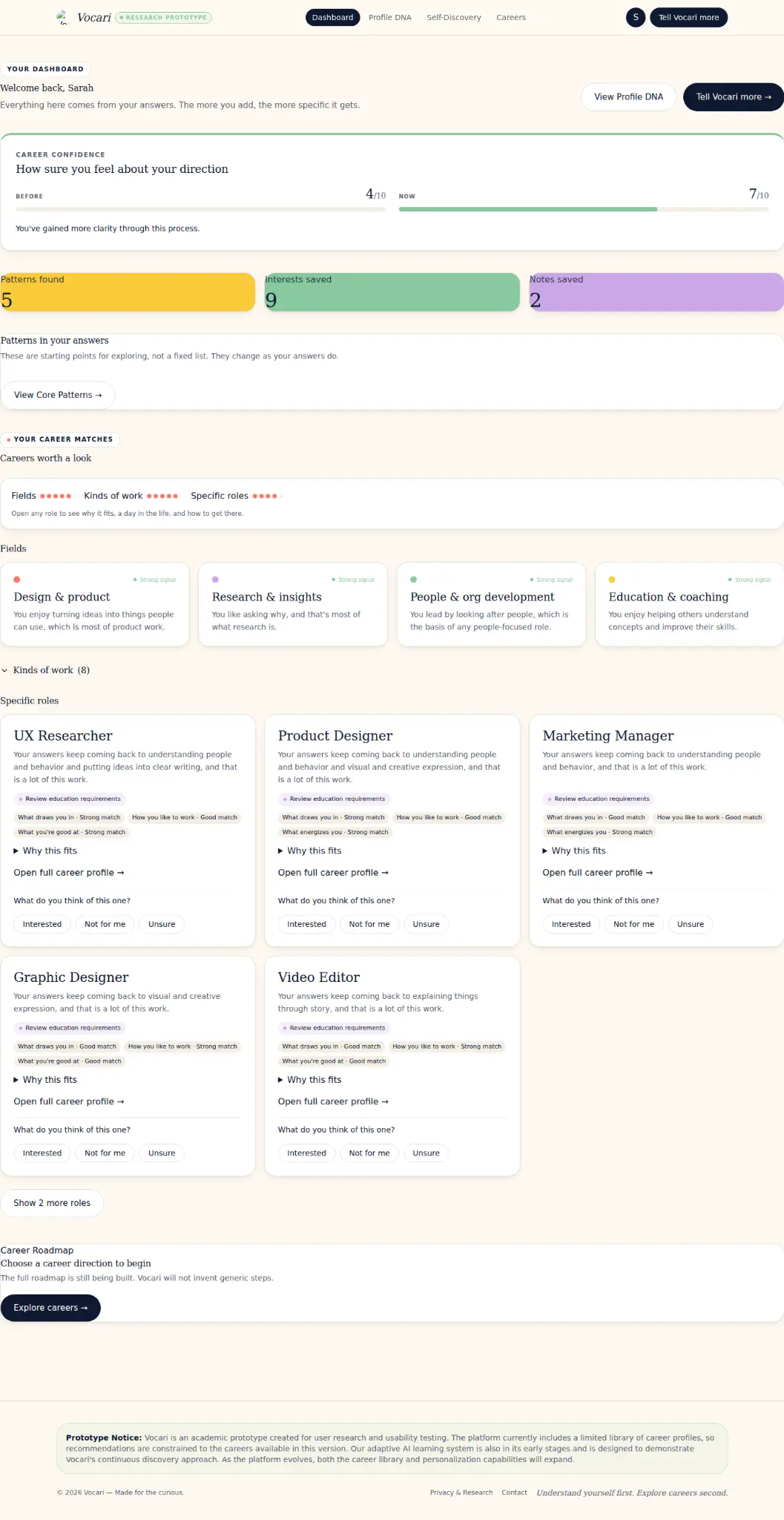 Vocari dashboard with confidence, patterns, and career recommendations