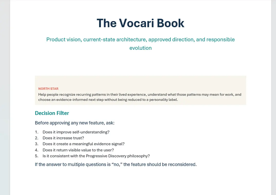Vocari Product Book North Star and decision filter