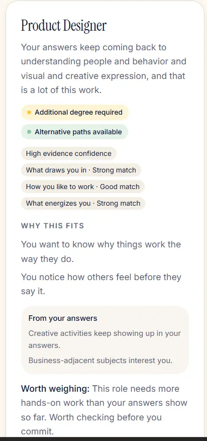 Vocari recommendation explanation with supporting evidence and tradeoff